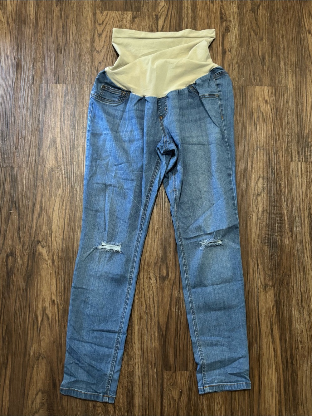 Indigo Blue XL Maternity Distressed Skinny Ankle Jeans Stretch Belly Panel